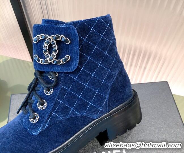 Low Price Chanel Velvet Lace-ups Ankle Boots G36424 Blue 2021