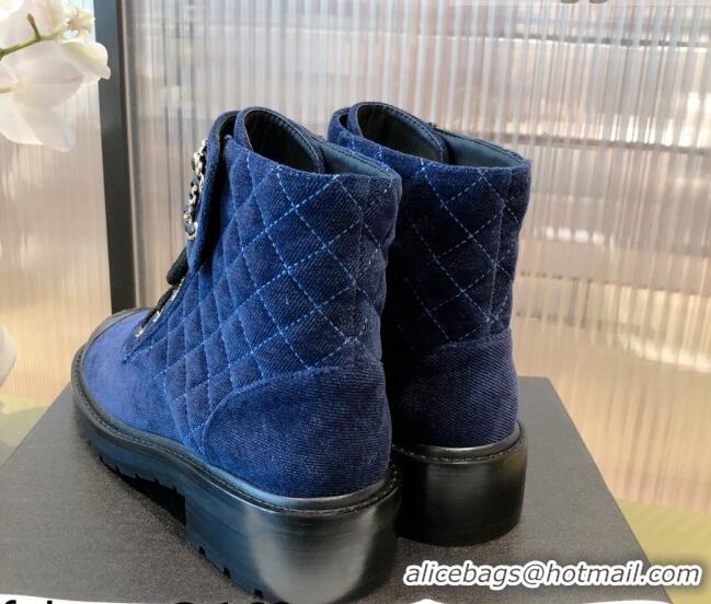 Low Price Chanel Velvet Lace-ups Ankle Boots G36424 Blue 2021