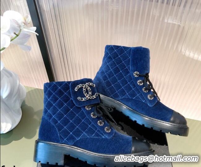 Low Price Chanel Velvet Lace-ups Ankle Boots G36424 Blue 2021