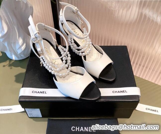 Cheap Price Chanel Lambskin Pearl Sandals 9cm 081640 White 2021