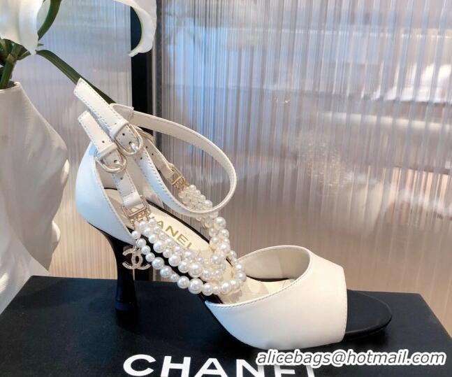 Cheap Price Chanel Lambskin Pearl Sandals 9cm 081640 White 2021