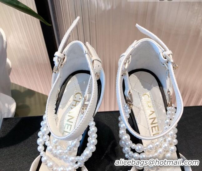 Cheap Price Chanel Lambskin Pearl Sandals 9cm 081640 White 2021