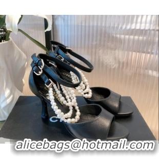 Luxury Cheap Chanel Lambskin Pearl Sandals 9cm 081640 Black 2021