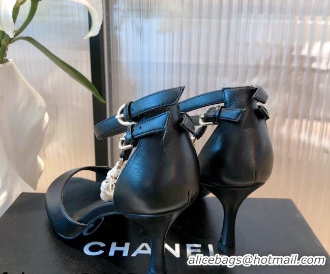 Luxury Cheap Chanel Lambskin Pearl Sandals 9cm 081640 Black 2021