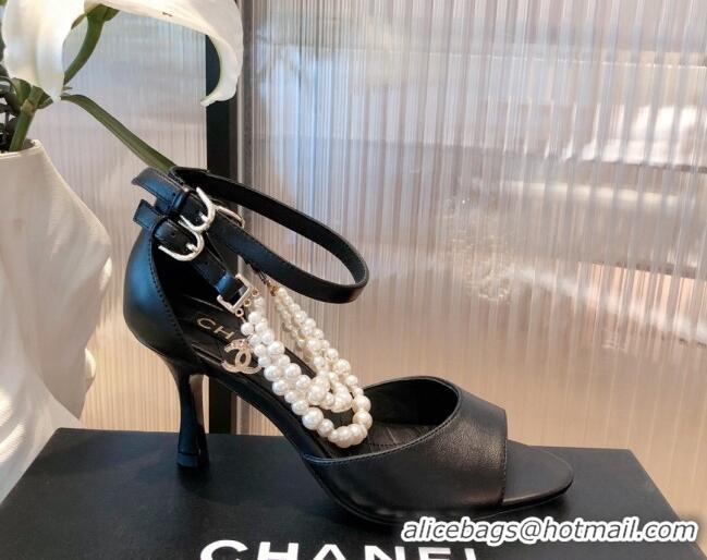 Luxury Cheap Chanel Lambskin Pearl Sandals 9cm 081640 Black 2021