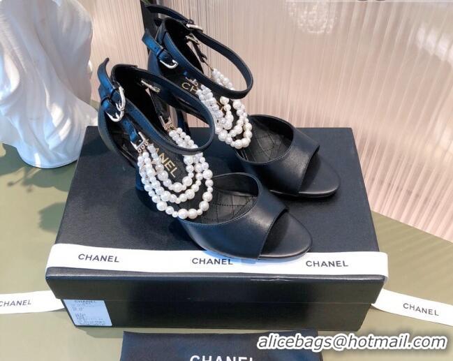 Luxury Cheap Chanel Lambskin Pearl Sandals 9cm 081640 Black 2021