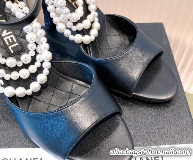 Luxury Cheap Chanel Lambskin Pearl Sandals 9cm 081640 Black 2021