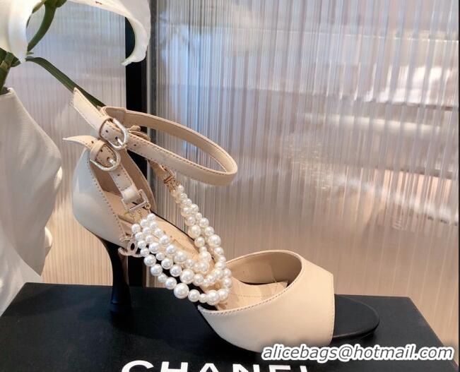 Luxury Chanel Lambskin Pearl Sandals 9cm 081640 Apricot 2021