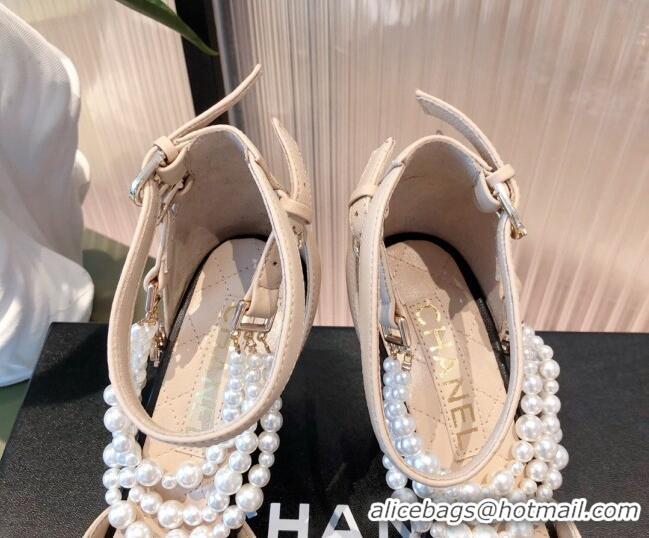 Luxury Chanel Lambskin Pearl Sandals 9cm 081640 Apricot 2021