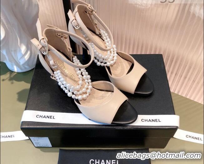 Luxury Chanel Lambskin Pearl Sandals 9cm 081640 Apricot 2021