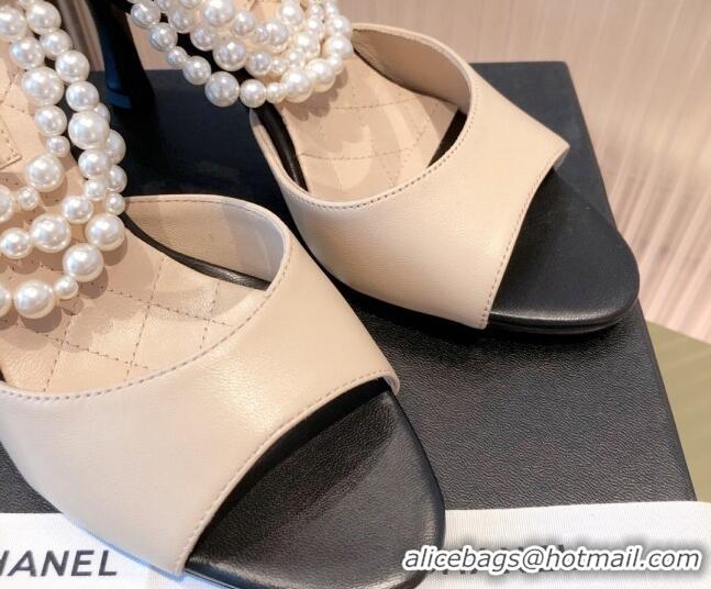 Luxury Chanel Lambskin Pearl Sandals 9cm 081640 Apricot 2021