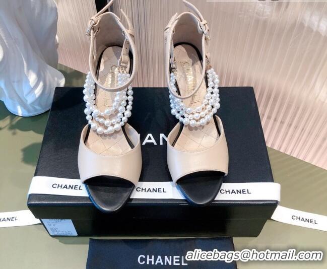 Luxury Chanel Lambskin Pearl Sandals 9cm 081640 Apricot 2021