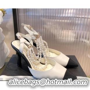 Popular Style Chanel Lambskin Heeled Pearl Slingback Pumps 9cm G37532 White 2021