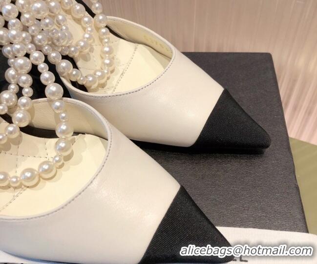 Popular Style Chanel Lambskin Heeled Pearl Slingback Pumps 9cm G37532 White 2021