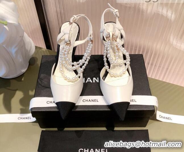 Popular Style Chanel Lambskin Heeled Pearl Slingback Pumps 9cm G37532 White 2021