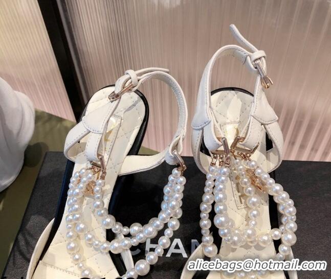 Popular Style Chanel Lambskin Heeled Pearl Slingback Pumps 9cm G37532 White 2021