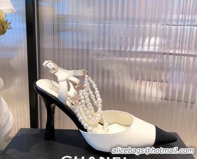 Popular Style Chanel Lambskin Heeled Pearl Slingback Pumps 9cm G37532 White 2021