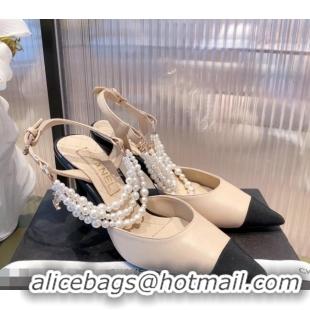 Good Product Chanel Lambskin Heeled Pearl Slingback Pumps 9cm G37532 Apricot 2021