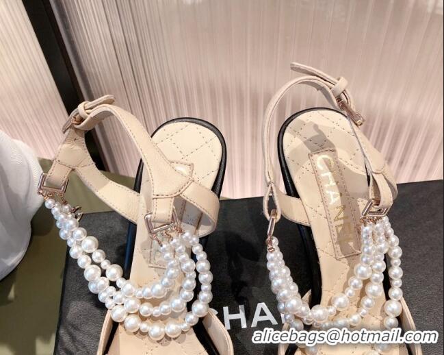 Good Product Chanel Lambskin Heeled Pearl Slingback Pumps 9cm G37532 Apricot 2021