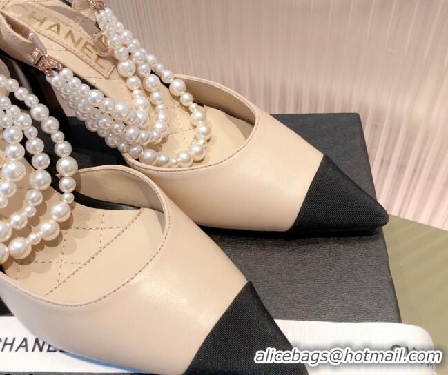 Good Product Chanel Lambskin Heeled Pearl Slingback Pumps 9cm G37532 Apricot 2021