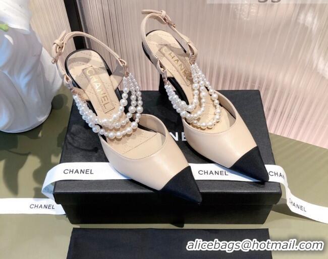 Good Product Chanel Lambskin Heeled Pearl Slingback Pumps 9cm G37532 Apricot 2021