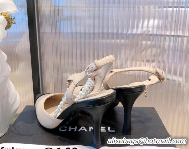 Good Product Chanel Lambskin Heeled Pearl Slingback Pumps 9cm G37532 Apricot 2021