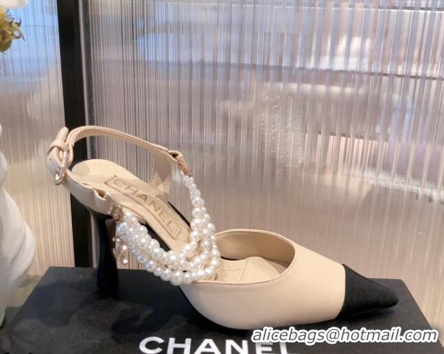 Good Product Chanel Lambskin Heeled Pearl Slingback Pumps 9cm G37532 Apricot 2021