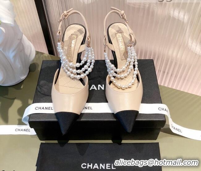 Good Product Chanel Lambskin Heeled Pearl Slingback Pumps 9cm G37532 Apricot 2021