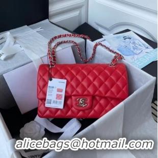 Classic Chanel classic handbag Lambskin & silver Metal A01112 Red