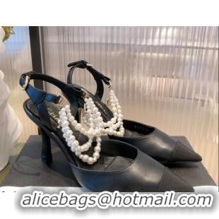 Top Quality Chanel Lambskin Heeled Pearl Slingback Pumps 9cm G37532 Black 2021