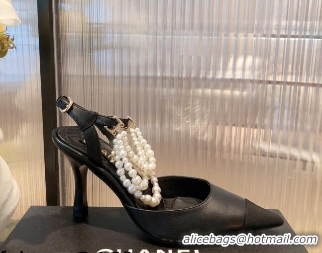 Top Quality Chanel Lambskin Heeled Pearl Slingback Pumps 9cm G37532 Black 2021