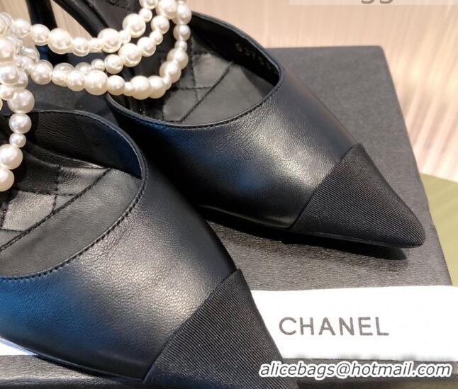 Top Quality Chanel Lambskin Heeled Pearl Slingback Pumps 9cm G37532 Black 2021