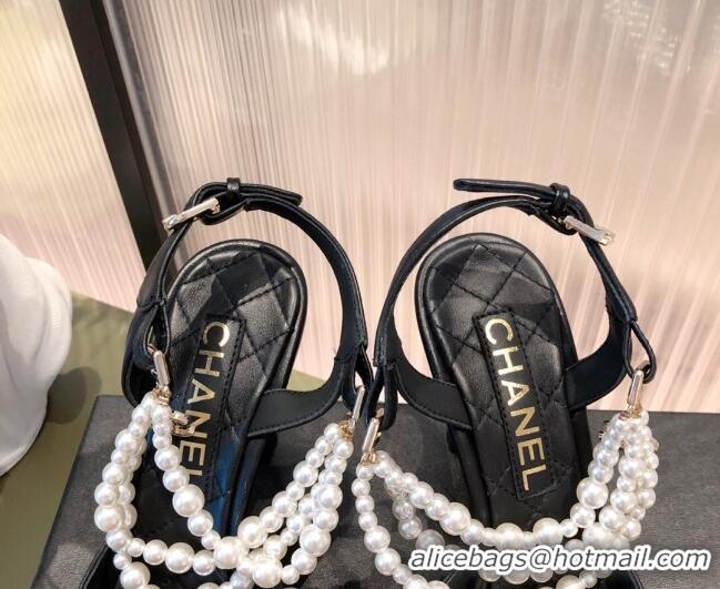 Top Quality Chanel Lambskin Heeled Pearl Slingback Pumps 9cm G37532 Black 2021