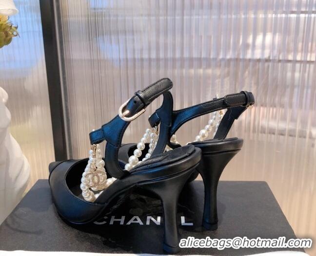 Top Quality Chanel Lambskin Heeled Pearl Slingback Pumps 9cm G37532 Black 2021