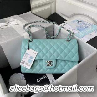 Buy Fashionable chanel flap bag Grained Calfskin & silver Metal A01112 light blue