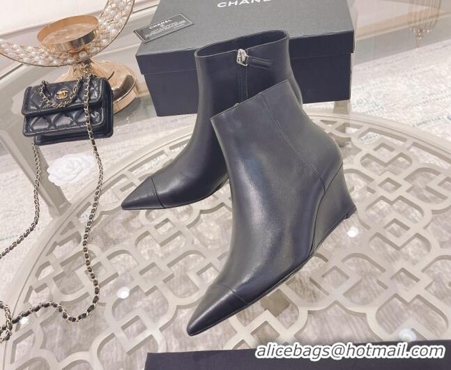 Pretty Style Chanel Calfskin Wedge Ankle Boots 7.5cm 081661 Black 2021