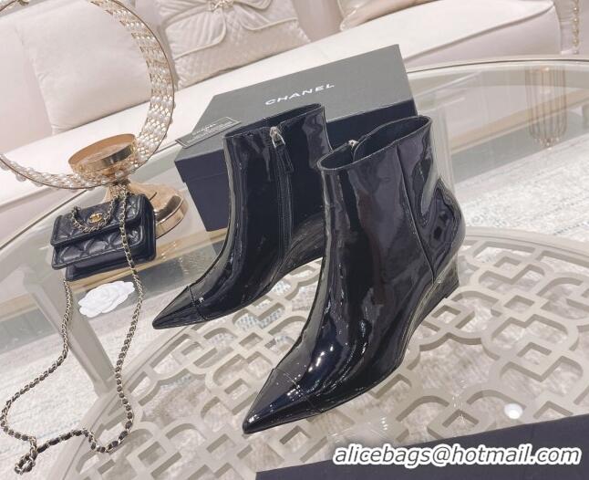 Top Quality Chanel Patent Leather Wedge Ankle Boots 7.5cm 081663 Black 2021