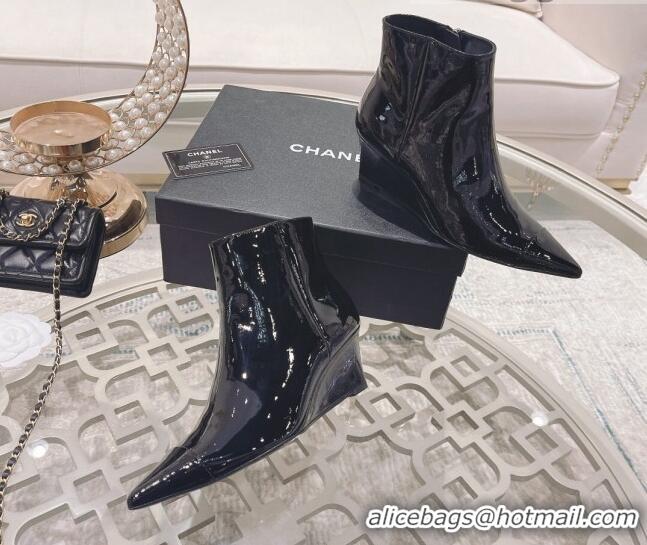 Top Quality Chanel Patent Leather Wedge Ankle Boots 7.5cm 081663 Black 2021