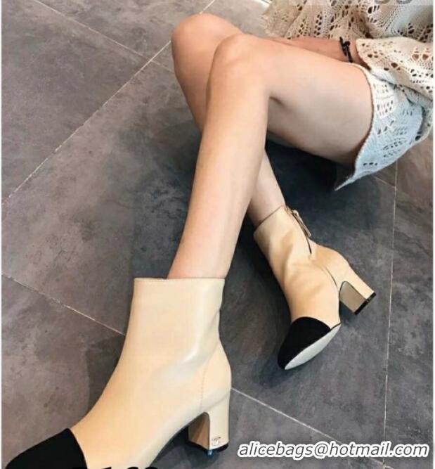 Discount Chanel Calfskin & Grosgrain CC Heeled Ankle Boots 7cm 081664 Apricot 2021