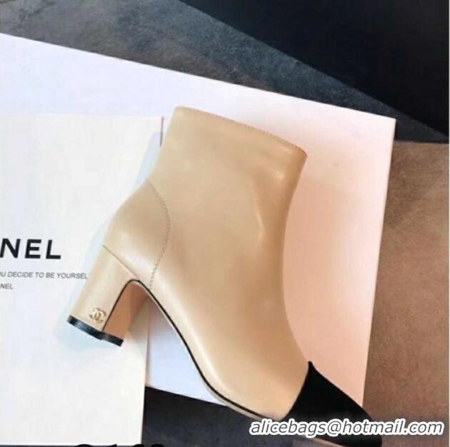 Discount Chanel Calfskin & Grosgrain CC Heeled Ankle Boots 7cm 081664 Apricot 2021