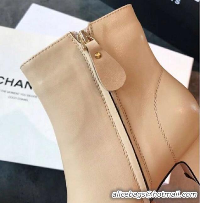 Discount Chanel Calfskin & Grosgrain CC Heeled Ankle Boots 7cm 081664 Apricot 2021