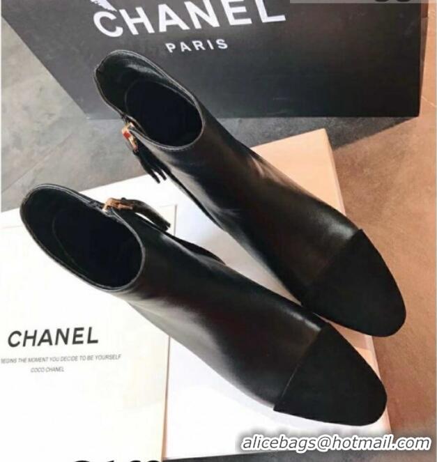 Low Cost Chanel Calfskin & Grosgrain CC Heeled Ankle Boots 7cm 081664 Black 2021