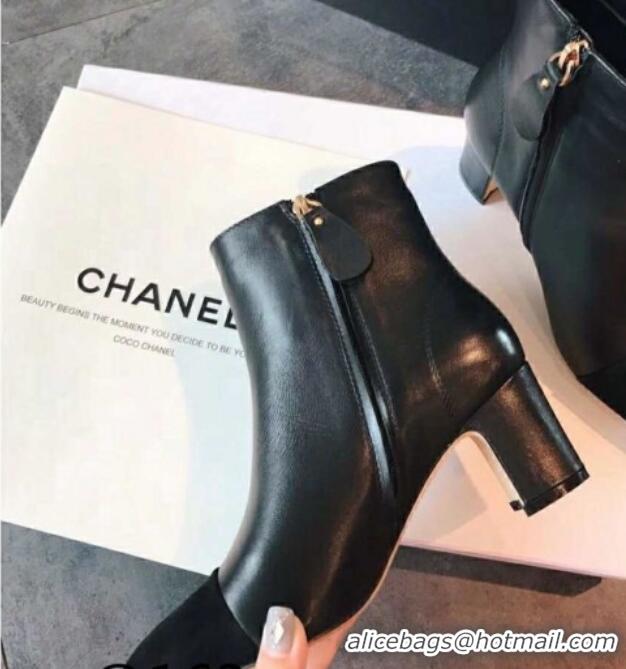 Low Cost Chanel Calfskin & Grosgrain CC Heeled Ankle Boots 7cm 081664 Black 2021