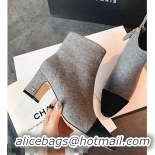 Discount Chanel Tweed & Grosgrain CC Heeled Ankle Boots 7cm 081666 Gray 2021