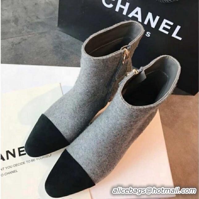 Discount Chanel Tweed & Grosgrain CC Heeled Ankle Boots 7cm 081666 Gray 2021