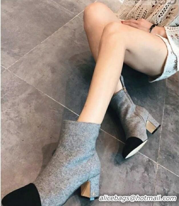 Discount Chanel Tweed & Grosgrain CC Heeled Ankle Boots 7cm 081666 Gray 2021