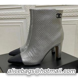 Elegant Chanel Embossed Calfskin & Grosgrain Ankle Boots 7.5cm 081668 Silver 2021