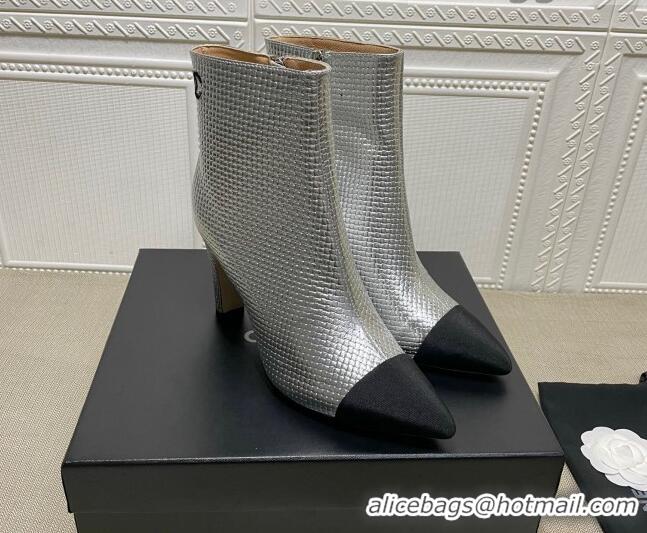 Elegant Chanel Embossed Calfskin & Grosgrain Ankle Boots 7.5cm 081668 Silver 2021