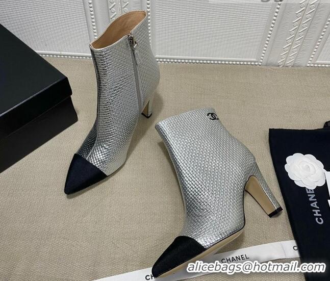 Elegant Chanel Embossed Calfskin & Grosgrain Ankle Boots 7.5cm 081668 Silver 2021