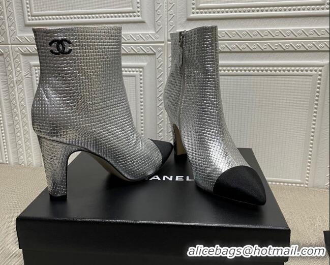 Elegant Chanel Embossed Calfskin & Grosgrain Ankle Boots 7.5cm 081668 Silver 2021